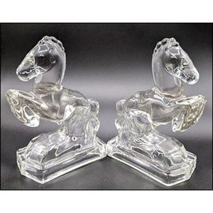 L.E. Smith CRYSTAL Clear Glass Rearing HORSE Bookends MCM Heavy-for-size 1940's